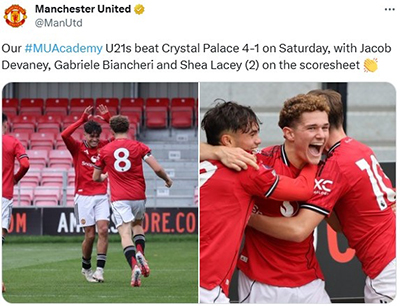 火力全开！曼联U21五连胜+4-1横扫水晶宫，强势领跑积分榜