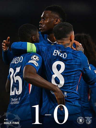 欧冠:切尔西1-0本菲卡 加纳乔造乌龙 佩德罗染红