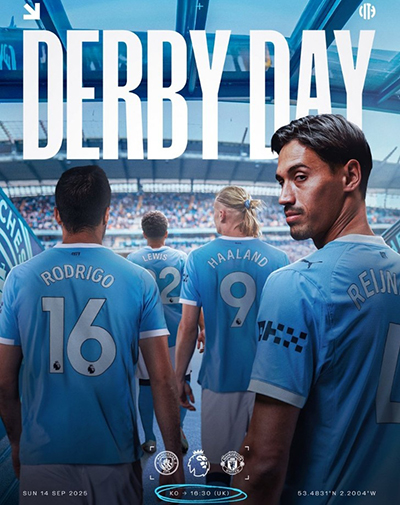 <a href=/zuqiuxg/mancheng/ target=_blank class=infotextkey>曼城</a>晒德比大战海报：哈兰德、罗德里、赖因德斯步入伊蒂哈德