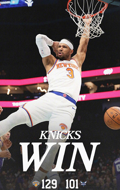 NBA杯-尼克斯129-101送黄蜂7连败,布伦森33分,鲍尔11+6&14中4