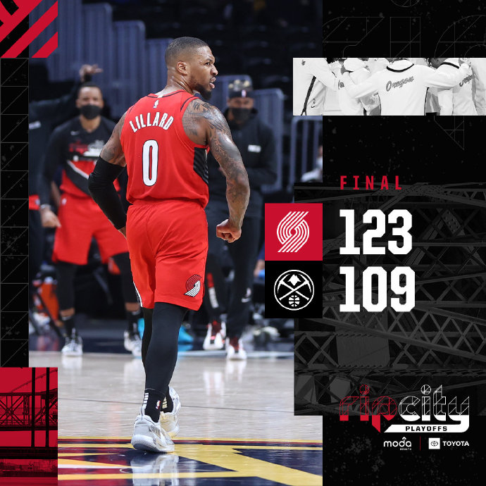 开拓者123-109击败掘金 利拉德34+13 约基奇34+15