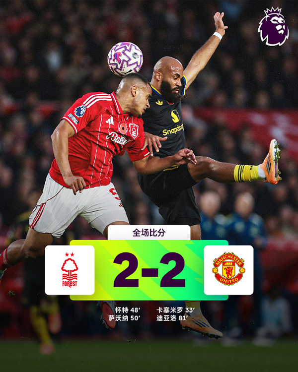 英超-曼联2-2森林 阿玛德世界波 胖虎破门 曼联角球引争议