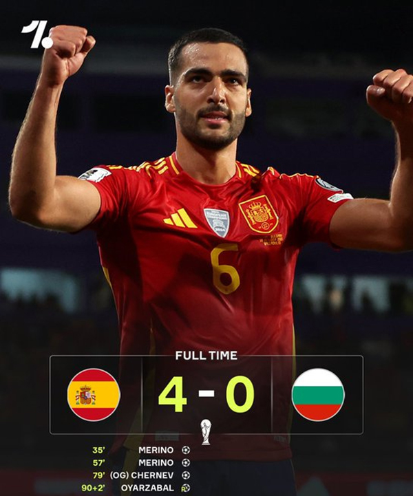世预赛：西班牙4-0保加利亚四胜领跑 梅里诺双响+造点