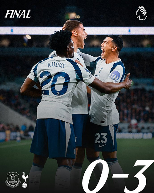 英超:热刺3-0埃弗顿 范德芬头球双响 本坦库尔+波罗献助攻